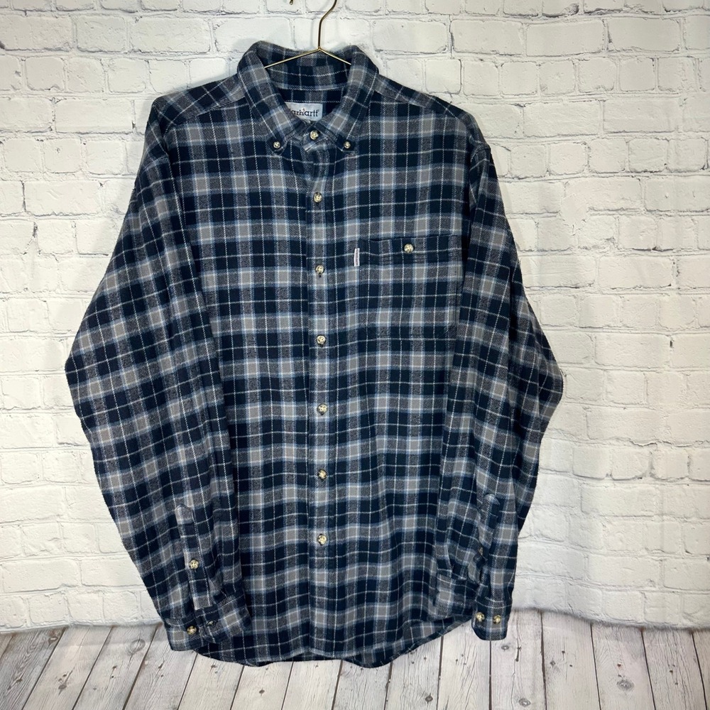 Carhartt Mens Blue Grey Plaid Flannel Button Down Shirt Long Sleeve Size L